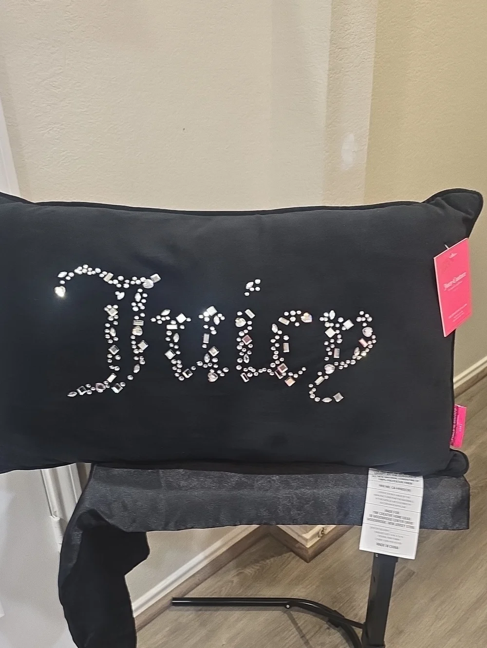Juicy Couture Home Jeweled Logo Velour Decorative Accent Pillow